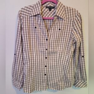 Lafayette 148 Taupe and Cream Plaid Gingham Button Down Blouse size 10